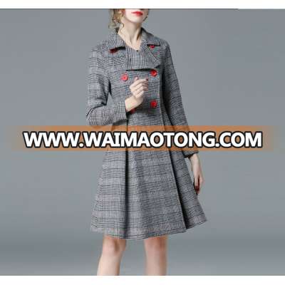 Check Tweed Outwear Women Medium to Long Overcoat 2017 Winter New Style OL Double Breast Slim Waist Woolen Coat