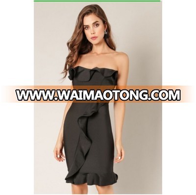 black ruffles strapless above knee slim fit party prom and celebration bandage dress